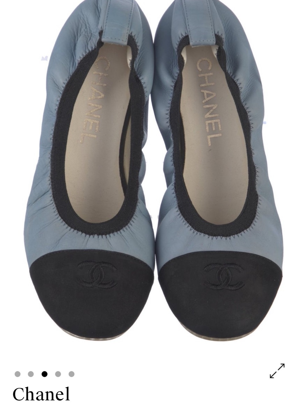 CHANEL Steel Blue Leather Ballet Flats with Black Cap Toe